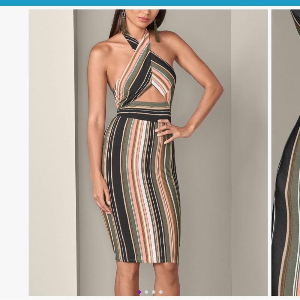 NEW Venus Olive Coral stripe Halter Dress